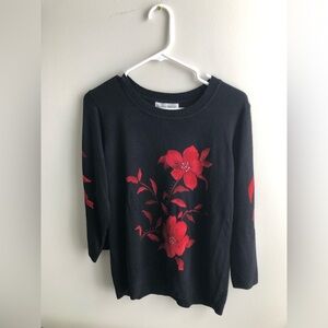 Rebecca Malone Classic Black Crew Neck Sweater With Red Floral Design Holiday
